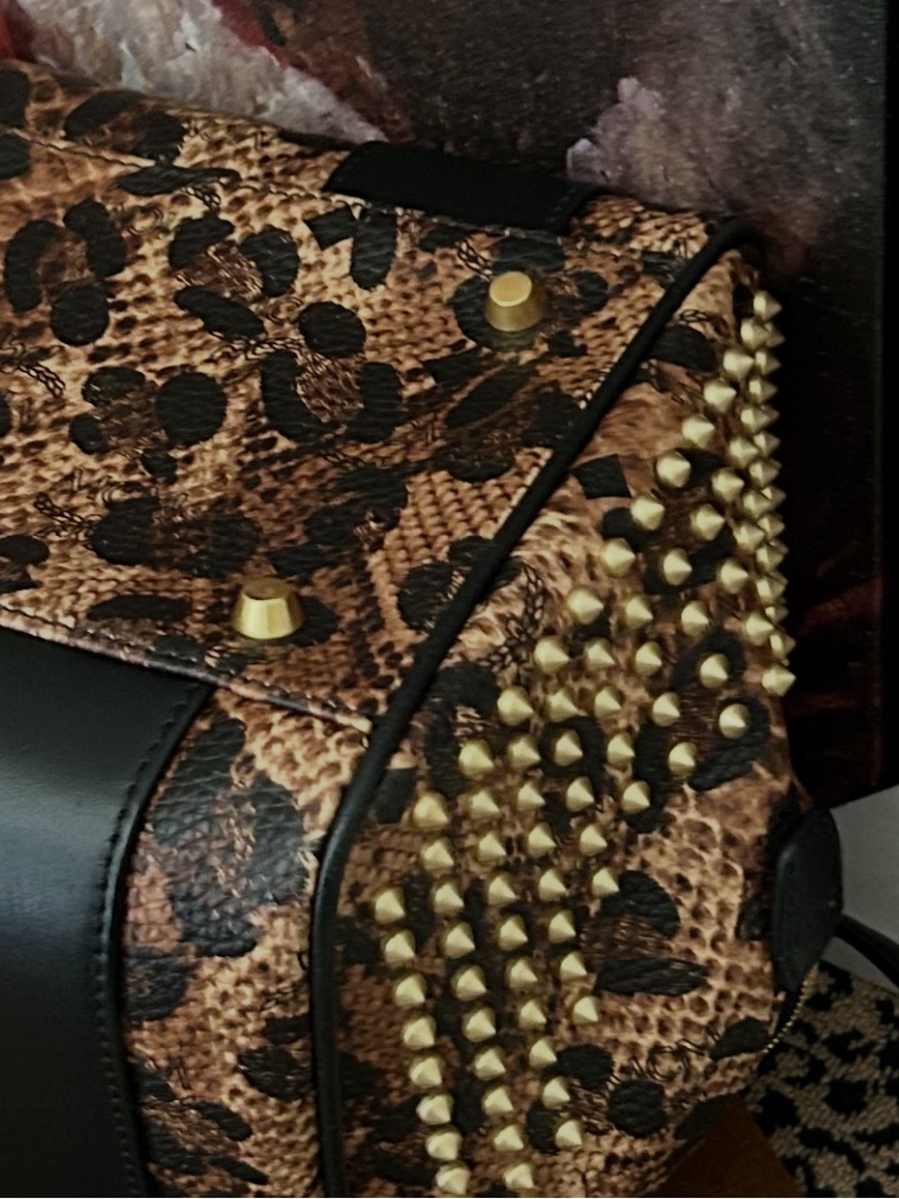 MCM Authentic Leopard Print Studded Clean Keana Crossbody Boston Bag - Picture 4 of 10